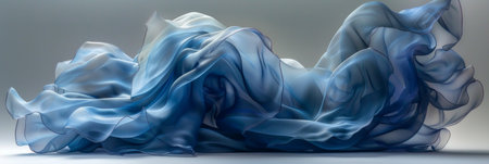 soft blue fabric is shown in a dynamic, swirling motion. The fabric is captured in mid-air as it falls, creating an ethereal and abstract image.の素材