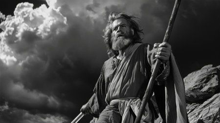 Moses gazes upwards while holding a staff, surrounded by dark clouds, as he prepares to receive the Ten Commandments on a majestic mountain.の素材