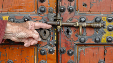 weathered hand reaches towards a brass lock on a wooden door, the keyhole a promise of protection and reliability.の素材