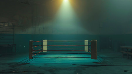 boxing ring stands illuminated in a dimly lit, smoke-filled room, anticipation hanging in the air.の素材