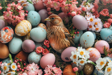 robin rests amongst a collection of colorful Easter eggs, surrounded by delicate pink and white blossoms.の素材