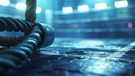 worn ropes of a boxing ring lie in the dimly lit arena, illuminated by a few spotlights.の素材