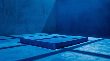 boxing ring sits empty, bathed in blue light and smoke, waiting for the fighters to arrive.の素材