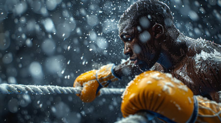boxer, dripping with sweat, leans on the ropes of the boxing ring, his eyes focused. Spotlights illuminate the scene as the fight rages on.の素材