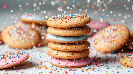 stack of cookies with colorful sprinkles are surrounded by more sprinkles that have fallen from the sky, creating a celebratory and joyful scene.の素材