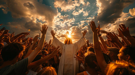 Jesus Christ stands before a crowd of believers, his arms raised in blessing, as the sun sets behind him, illuminating the sky with golden light.の素材