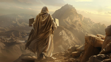 Moses stands atop Mount Sinai, illuminated by the golden sunset, holding the stone tablets inscribed with the Ten Commandments.の素材
