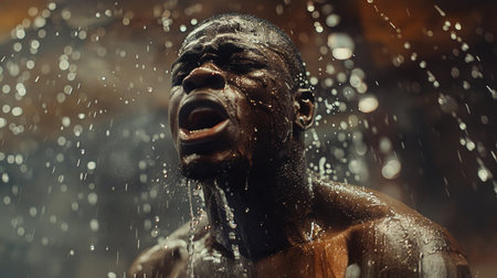 boxer, drenched in sweat, stands under the harsh ring lights, his face contorted in a primal scream of exertion and determination.の素材