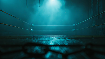boxing ring stands empty in the center of a dimly lit arena. Smoke hangs in the air, and a spotlight shines down on the canvas.の素材