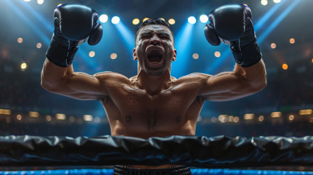 victorious boxer raises his gloved fists in the ring, his triumphant roar echoing through the arena under the bright spotlight.の素材