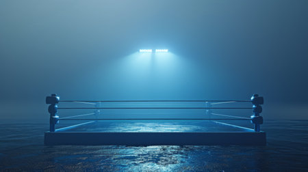boxing ring stands alone, bathed in a single spotlight, against a backdrop of hazy blue smoke.の素材