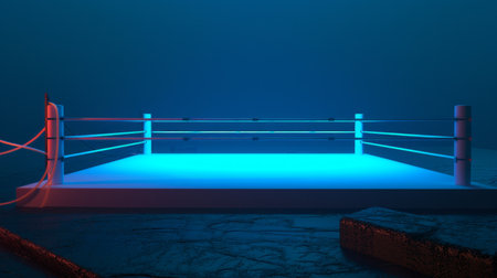 boxing ring stands ready, bathed in blue light, with ropes taut and a smoky haze hanging in the air.の素材