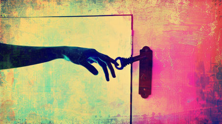 hand reaches towards a keyhole, symbolizing access and security.の素材
