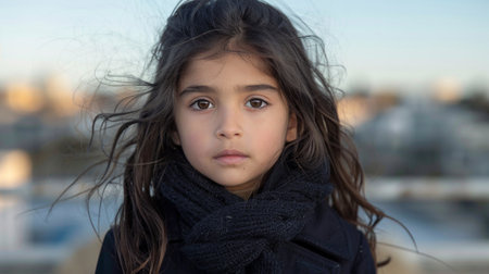 young girl with long, dark hair models a black knitted scarf during a fashion show. The wind gently blows through her hair as she gazes intently at the camera.の素材