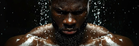 african boxer stands in the ring, drenched in sweat under the harsh glare of the spotlights.の素材