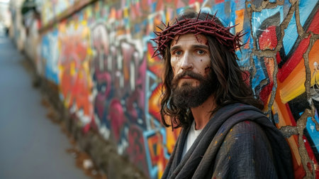 man wearing a crown of thorns and a simple robe stands in front of a wall adorned with colorful graffiti, his eyes looking forward with a contemplative expression.の素材