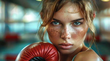 young woman with freckles, wearing boxing gloves, stares intently at the camera.の素材