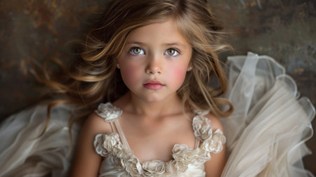 Beautiful young girl in white dress with floral details looks serenely at the camera during a fashion show. Flowing blonde hair and composed expressionの素材