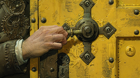 weathered hand carefully turns a key in a large, intricate, steampunk-inspired door.の素材