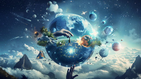 hand reaches towards a key floating in a swirling cosmic landscape above a cloud-covered planet.の素材
