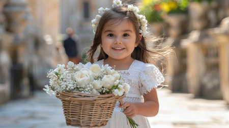 young girl, dressed in a white dress and holding a basket of white flowers, smiles brightly as she walks down a cobblestone path during a fashion show.の素材