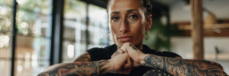 female boxer with intricate tattoos on her arms rests her chin on her hands, taking a moment of quiet contemplation in a boxing gym.の素材