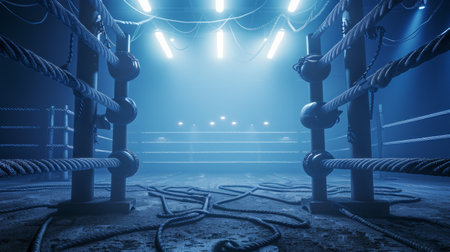 boxing ring, shrouded in blue light and smoke, stands empty, awaiting the clash of two warriors.の素材