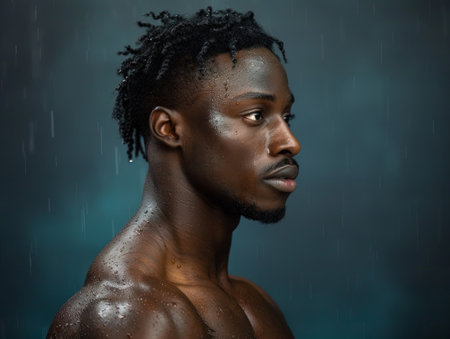 close-up portrait of a african fighter, his body glistening with sweat, captured under a rain of spotlights.の素材