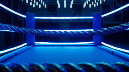 boxing ring illuminated by bright blue lights, casting dramatic shadows and setting the stage for an epic fight.の素材