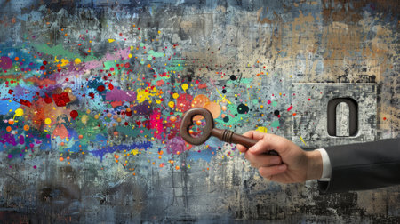 hand reaches through a vibrant, abstract landscape holding a key towards a door, symbolizing access and opportunity.の素材