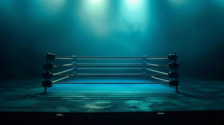 boxing ring stands empty under a spotlight in a dimly lit room, smoke swirling through the air.の素材