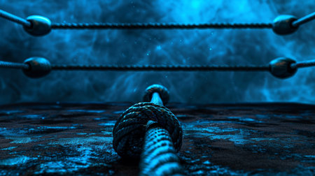 low-angle view of a boxing rings ropes, illuminated by a mysterious blue light. The tension of the upcoming fight is palpable, as smoke fills the air.の素材