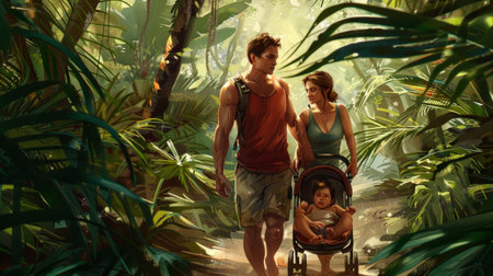 young couple pushes a stroller with their baby through a sun-dappled tropical park. Lush greenery surrounds them, creating a serene atmosphere.の素材