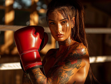 woman wearing red boxing gloves stands in a boxing ring, her face lit by the golden hour sunlight. Her tattoos and determined expression convey her fierce spirit.の素材
