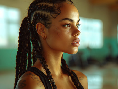 young female boxer with braided hair stands in a boxing ring, looking determined and ready to fight.の素材