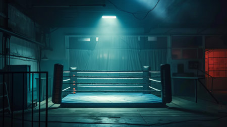 empty boxing ring stands ready in a dimly lit warehouse, bathed in blue and red light.の素材