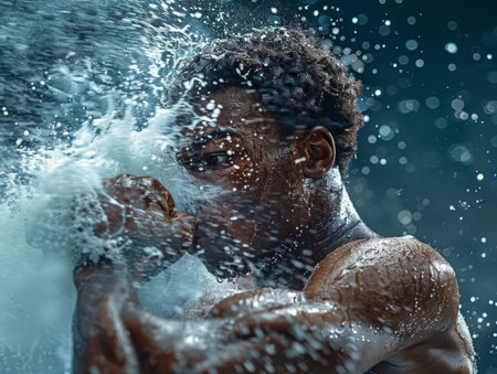 boxers face is drenched with water, his powerful muscles tensed as he throws a punch.の素材