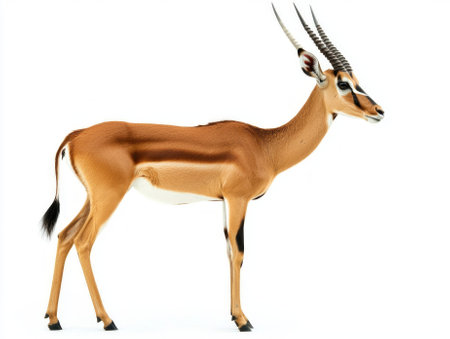 black-faced impala stands elegantly in profile, displaying its long, slender body and impressive horns, highlighting the beauty of African wildlife in a minimalist setting.の素材