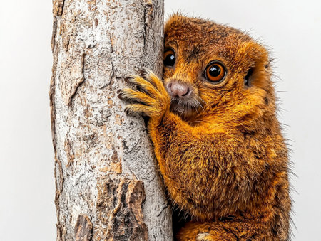 curious cuscus ascends a tree trunk, its thick fur glistening and large eyes wide with wonder, creating an enchanting moment in natureâs embrace.の素材