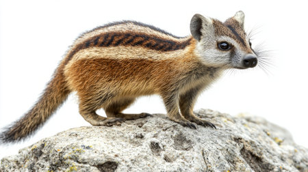 numbat stands gracefully on a rock, showcasing its vibrant stripes and long tail, embodying the essence of isolation and natural beauty in its habitat.の素材