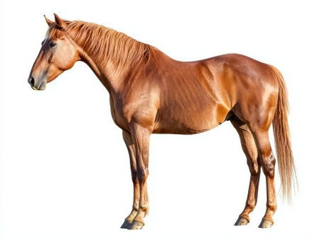 captivating wild mustang horse stands proudly in profile, showcasing its powerful physique and flowing mane, illuminated by a bright white background.の素材