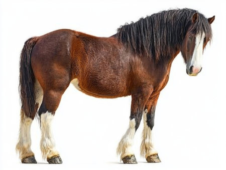 Displaying its impressive stature, this Clydesdale horse embodies strength and grace, with thick legs and a lush mane that flows beautifully against a white background.の素材