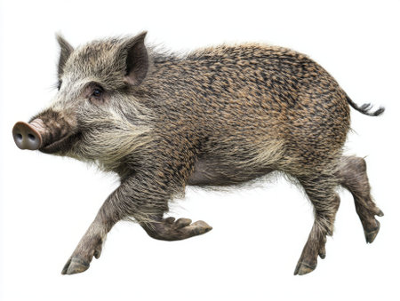 wild boar dashes energetically through dense forest underbrush, its strong legs propelling it forward, tusks gleaming as it navigates the terrain.の素材