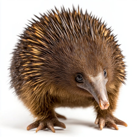 short-beaked echidna stands proudly, revealing its distinctive spines and short legs against a clean white backdropの素材