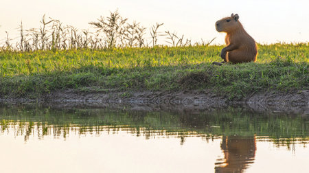 capybara relaxes near a peaceful body of water, its thick fur glistening softly in the gentle evening light, embodying the tranquility of its natural habitat.の素材