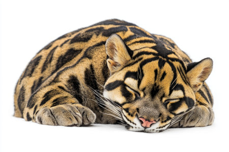 clouded leopard rests peacefully, its head turned to reveal a captivating display of large rosettes and a muscular build, epitomizing beauty and tranquility.の素材