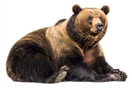 brown bear comfortably sits while resting its paws, displaying its lush fur and serene demeanor in a minimalist white environment, emphasizing its natural beauty.の素材