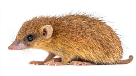 adorable tenrec sits upright, its spiky fur standing on end, revealing its small nose and beady eyes. The setting is minimalistic, emphasizing the creatures unique features.の素材
