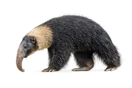 giant anteater walks with an elegant gait, displaying its long snout and bushy tail against a stark white background, emphasizing its unique form and texture.の素材