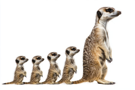 playful meerkat family stands in a line, their heads tilted curiously, showcasing their inquisitive nature against a stark white backdrop.の素材